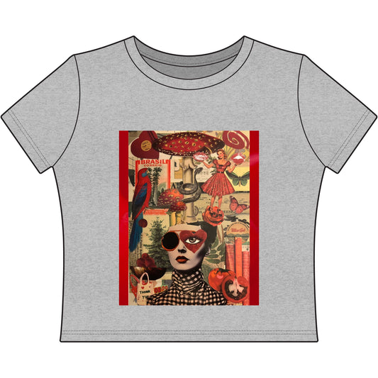 Vintage Collage Women's Baby Tee – Red Surreal Pop Art Design