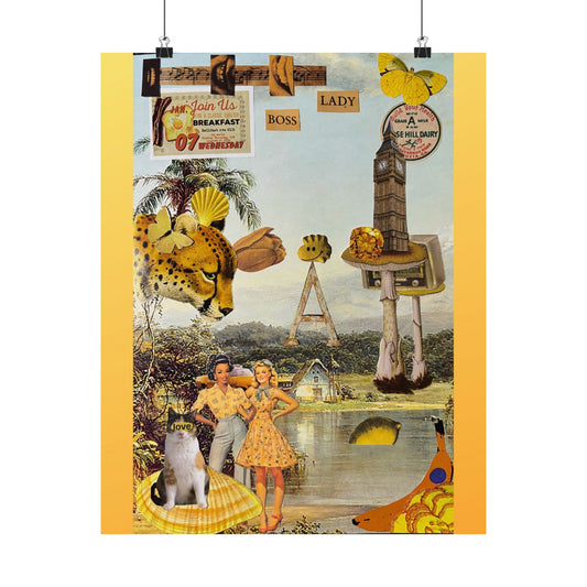 Vintage Surreal Yellow Art Print — Retro Collage Matte Poster