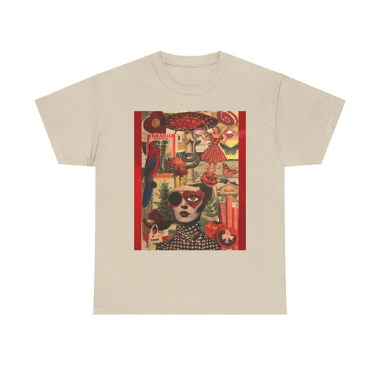 Surreal Collage Art T-Shirt — Vintage Red Mixed-Media Portrait Tee